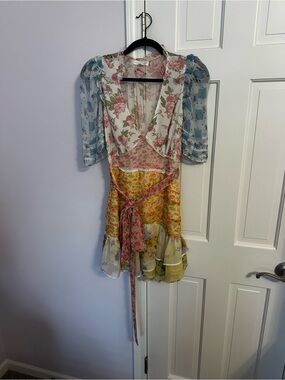 LoveShackFancy Floral Pink and Cream Ruffled Dress